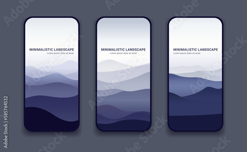 Minimalistic vector monochrome landscape with silhouettes of mountains and hills. Illustration for website or print. Template for smartphone. Screensaver for smartphone. (ID: 585764532)