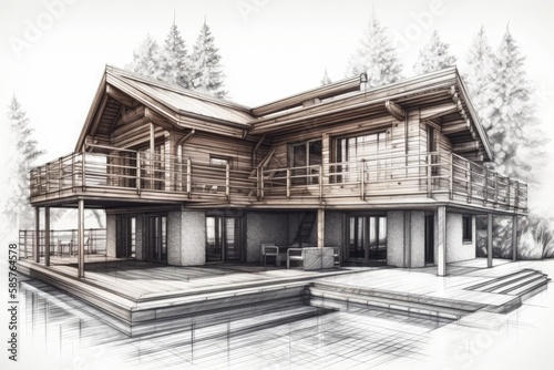 residential house with a wooden deck and staircase. Generative AI