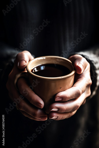 Top view close up of woman hands holding a cup of coffee. Shadow photography style.