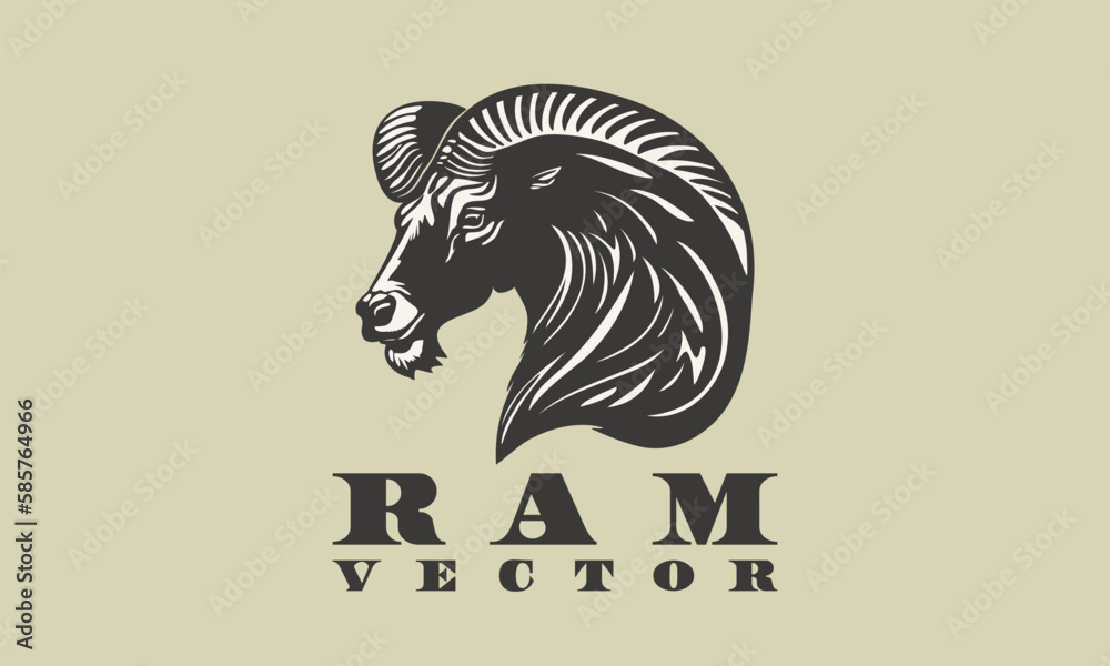 Vector monochrome horned head of a powerful ram. Logo, sticker or icon. Isolated background. Vector monochrome horned head of a powerful ram. Logo, sticker or icon. Isolated background.