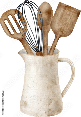 Watercolor baking utensils illustration. Hand drawn wood spatula, pastry brush, mixing spoon and whisk in ceramic jug isolated on transparent background. Kitchenware for culinary recipe book,, logo