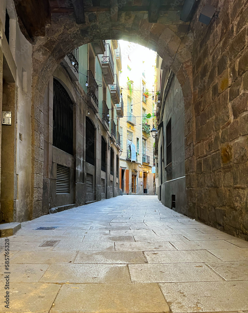 Narrow streets of the gothic quarter of Barcelona, Spain