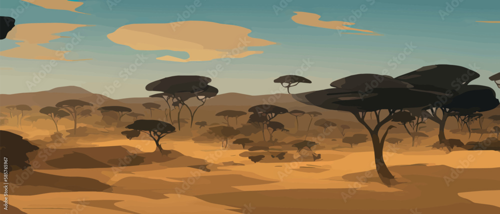 African savannah landscape with green trees and simple grasslands ...