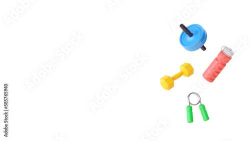 Fitness 3d render illustration - simple fit equipment, minimal barbell, bottle and esponder on white background