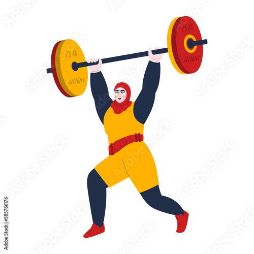 Strong female weightlifter lifting barbell. Muslim woman powerlifter holding weights. Heavy athlete performing exercises in sport training. Vector flat illustration