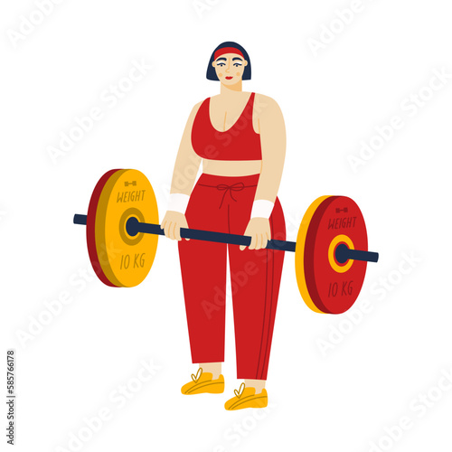 Strong female weightlifter lifting barbell. Young woman powerlifter holding weights. Heavy athlete performing exercises in sport training. Vector flat illustration