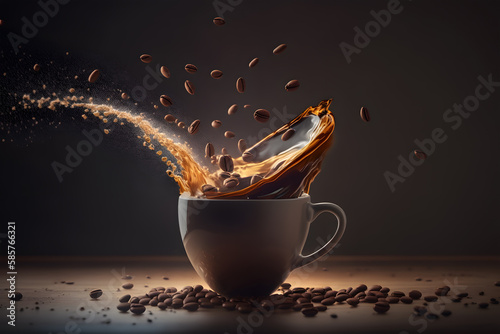 Cup of coffee with splashes and smoke on a dark background. Coffee splashing out of a cup on a dark background. 3d rendering. Generative AI technology. 