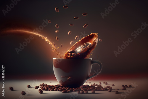 Cup of coffee with splashes and smoke on a dark background. Coffee splashing out of a cup on a dark background. 3d rendering. Generative AI technology. 