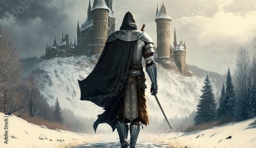 Knight looking to the castle on the hill at winter landscape. Postproducted generative AI digital illustration.