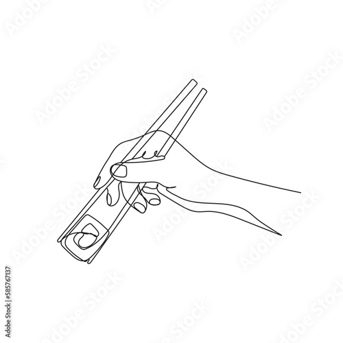 Hand holding chopstick to eat sushi roll. One line art. Hand drawn vector illustration.