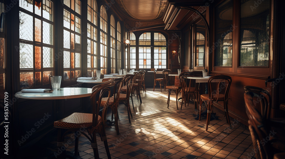 Interior of a French bistro with tiled floor and wooden tables and chairs. AI generated. Interior of a French bistro with tiled floor and wooden tables and chairs. AI generated.