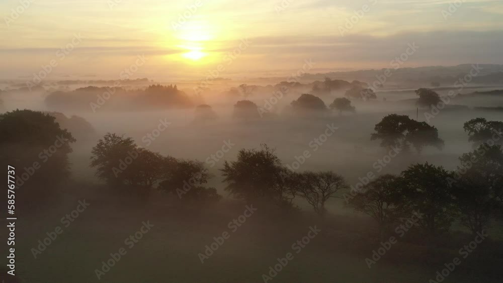 Aerial of mist shrouded countryside at dawn, Devon, England, United Kingdom, Europe Aerial of mist shrouded countryside at dawn, Devon, England, United Kingdom, Europe