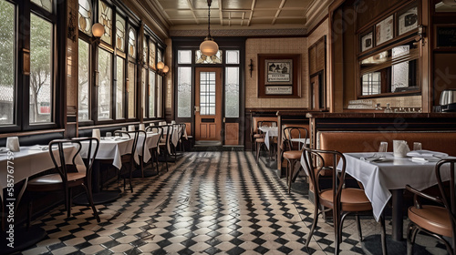 Interior of a French bistro with tiled floor and wooden tables and chairs. AI generated.