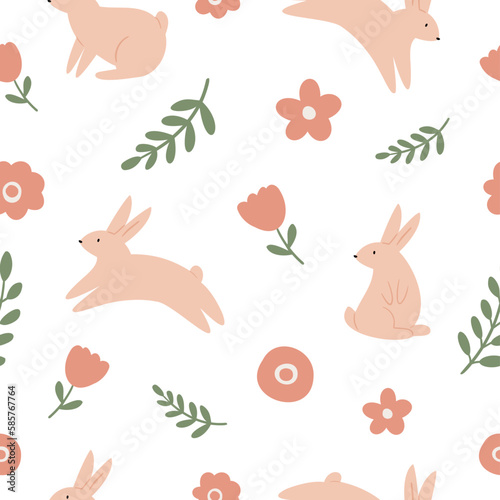 Easter seamless pattern, Digital scrapbook paper, Printable egg background, illustration clipart, bunny rabbit flowers, vector images in flat cartoon style.