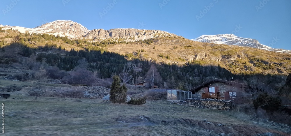 Naklejka premium Bonneval-sur-Arc is an alpine commune in the Savoie department in the Auvergne-Rhône-Alpes region in Southeastern France. It is located on the Italian border, with part of its territory within Vanoise