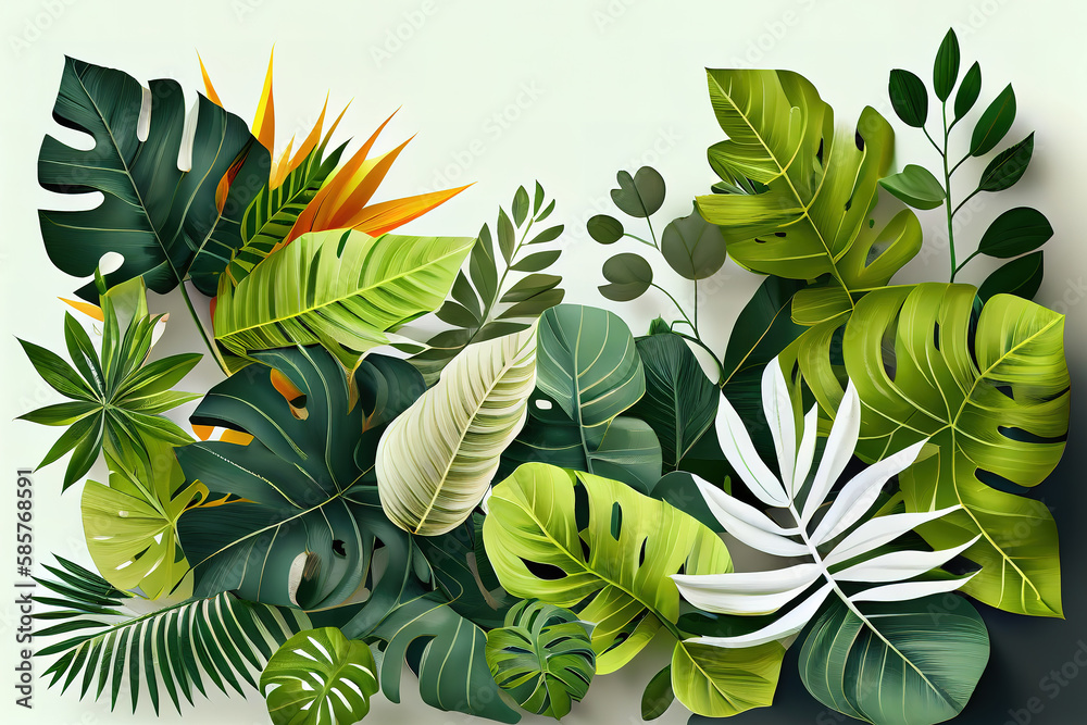 Fototapeta premium Realistic tropical leaves ig post collection. Generative Ai