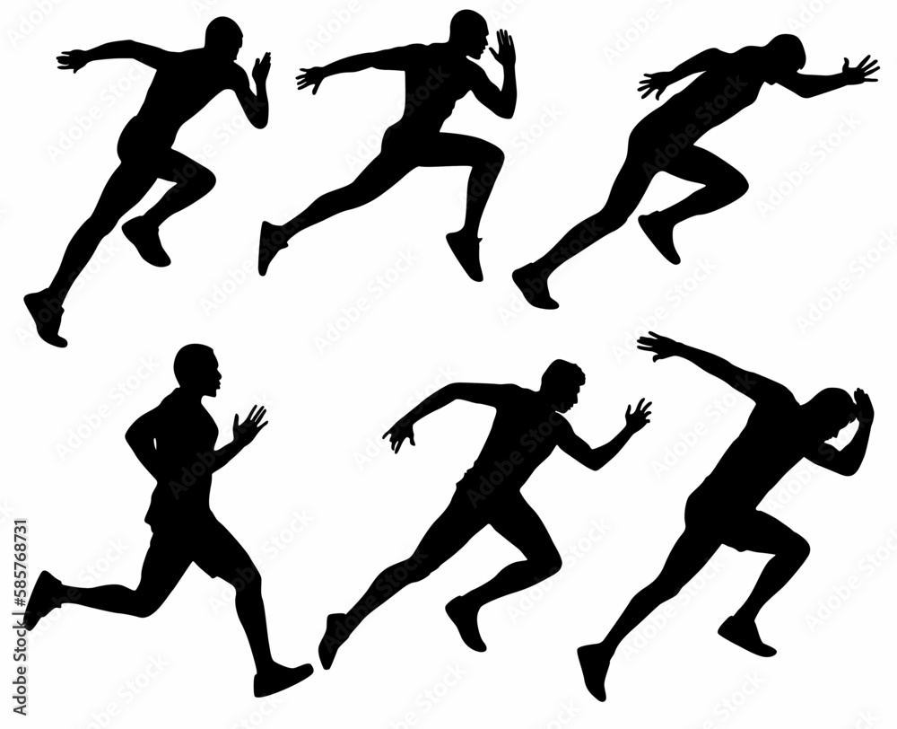 Run. Running men and women, vector set of isolated silhouettes, white background