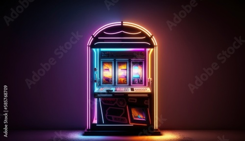 One neon shining casino slot machine at empty room. Postproducted generative AI digital illustration.