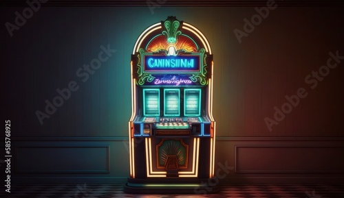 One neon shining casino slot machine at empty room. Postproducted generative AI digital illustration.