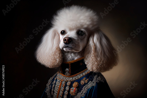 Fine art portrait of puddle dog in royal clothing. Aristocratic noble pet in elegant historical gown.