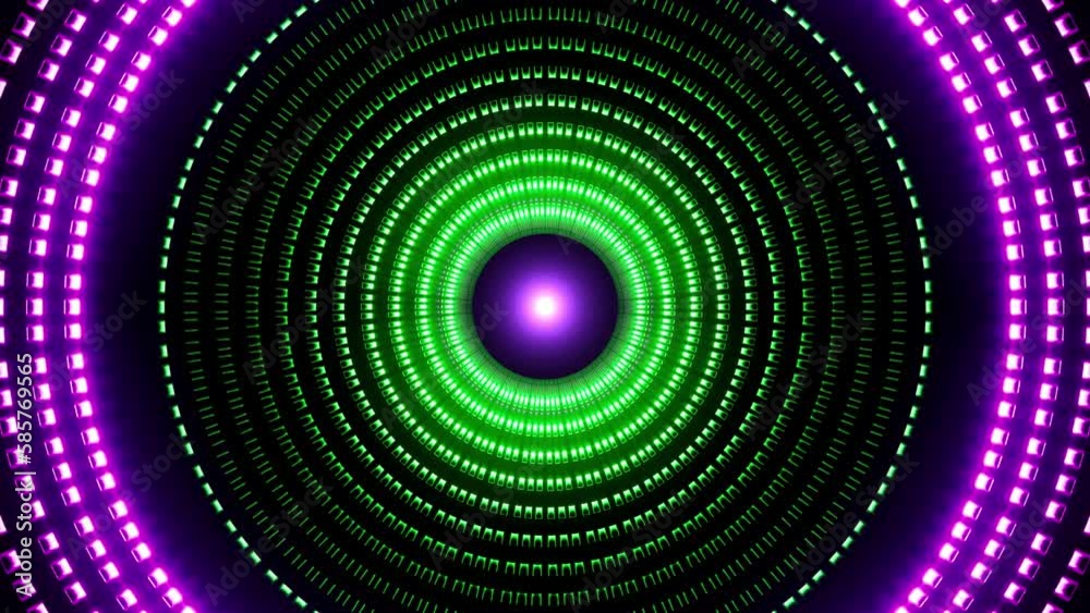 Glowing purple and green LED light circle tunnel