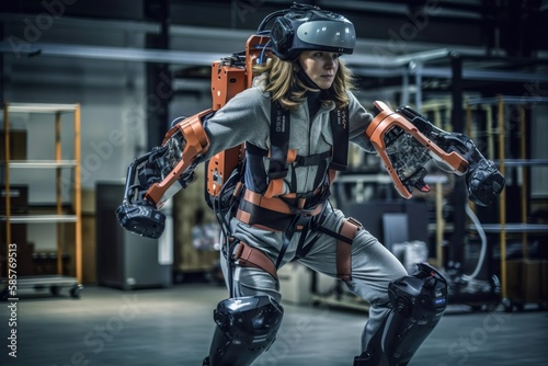 Person wearing an exoskeleton suit, with AI generated