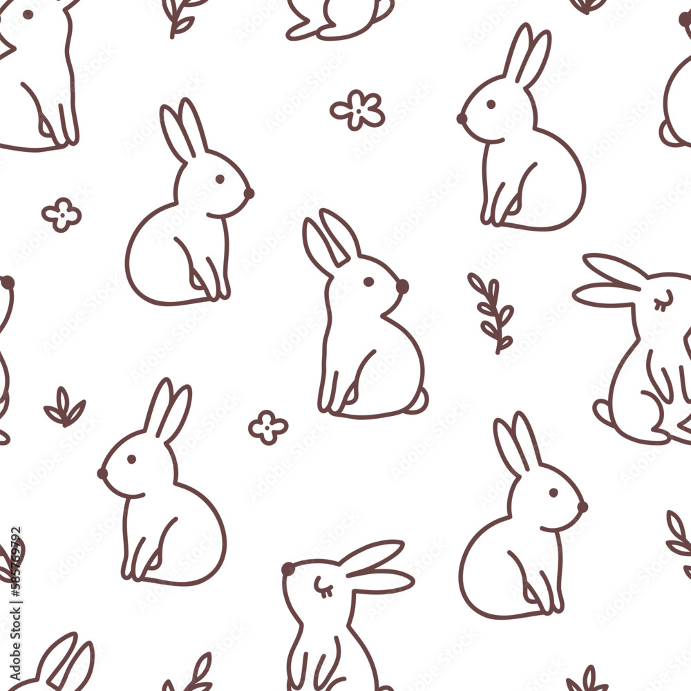Line rabbits and flowers background