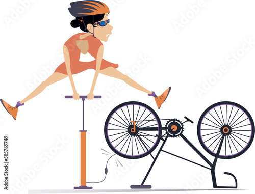 Cyclist woman and a broken bicycle. 
Cyclist woman inflates the wheel on the bicycle. Sportsperson repairs the bicycle
