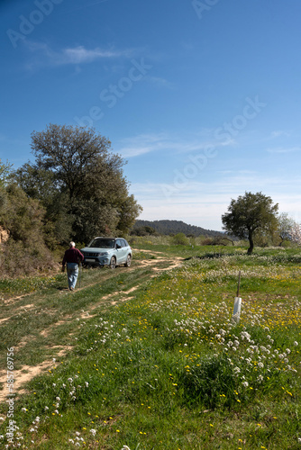 unrecognisable elderly man walking with a walking stick towards the off-road car in a spring field with flowers in Somontano, Huesca.