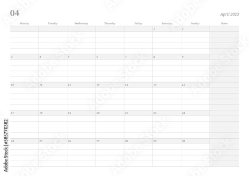 April 2023 simple design digital and printable calendar template illustration. Notes, scheduler, diary, calendar, memo, planner document template background. 