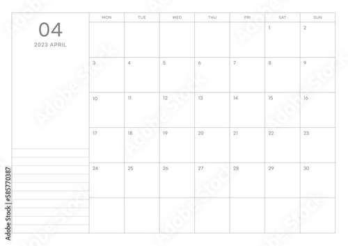 April 2023 simple design digital and printable calendar template illustration. Notes, scheduler, diary, calendar, memo, planner document template background. 