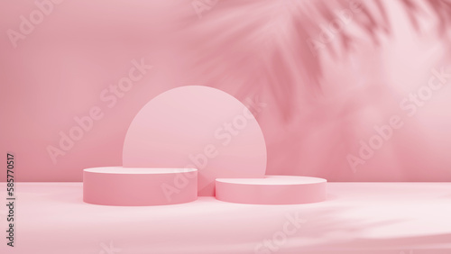 3d cylindrical podium stage with palm leafs shadows and beautiful light for cosmetic products and advertising, 3d white minimal abstract background for product display presentation showcase © Hanna