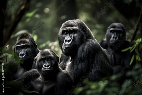Gorilla Family Moving Through Lush Rainforest, Showcasing Strong Bonds and Natural Habitat by Generative AI