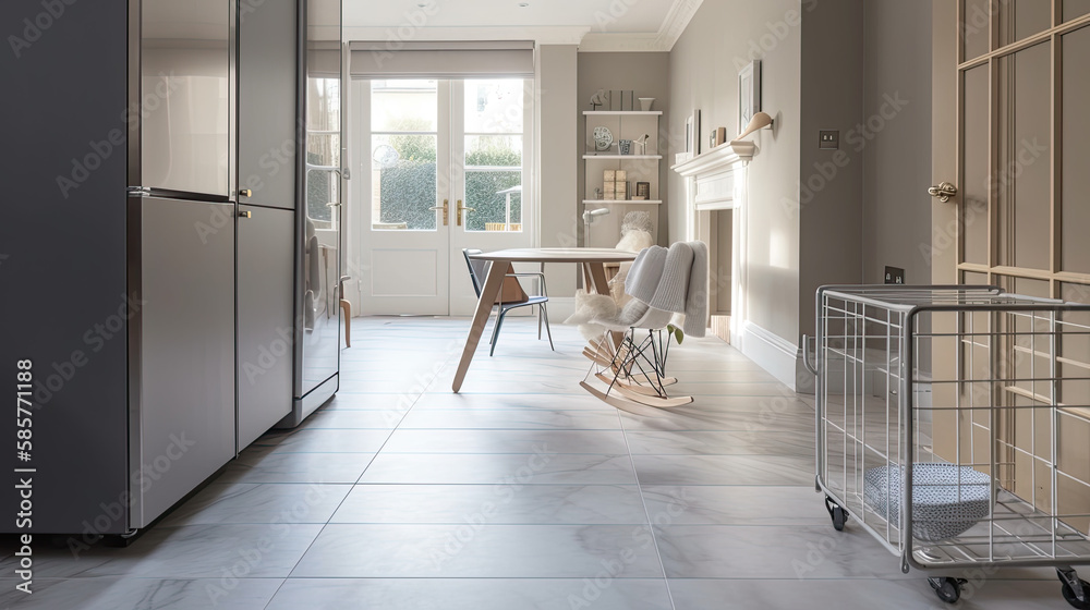 Fototapeta premium Contemporary Kitchen Design with Gray Marble Tile Floor and Reeded Glass Panel Folding Door Created Using Generative AI