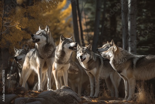Grey Wolves Playfully Romp with Young Pups, Powerful Jaws and Sharp Senses Teach the Next Generation by Generative AI © Digital Dreamscape