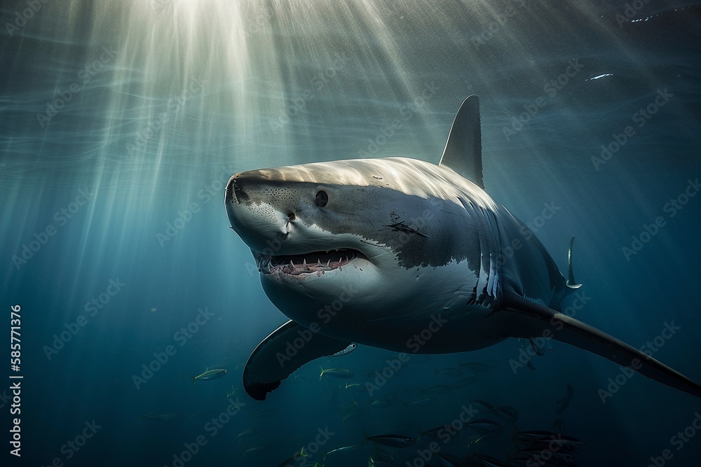 Naklejka premium Close-up of Great White Shark, Capturing Power and Menace in Every Detail by Generative AI
