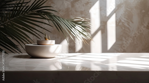 Beauty in Minimalism: White Marble Counter with Leaf Shadows and Sunlight for Skin Care Products Display Created Using Generative AI