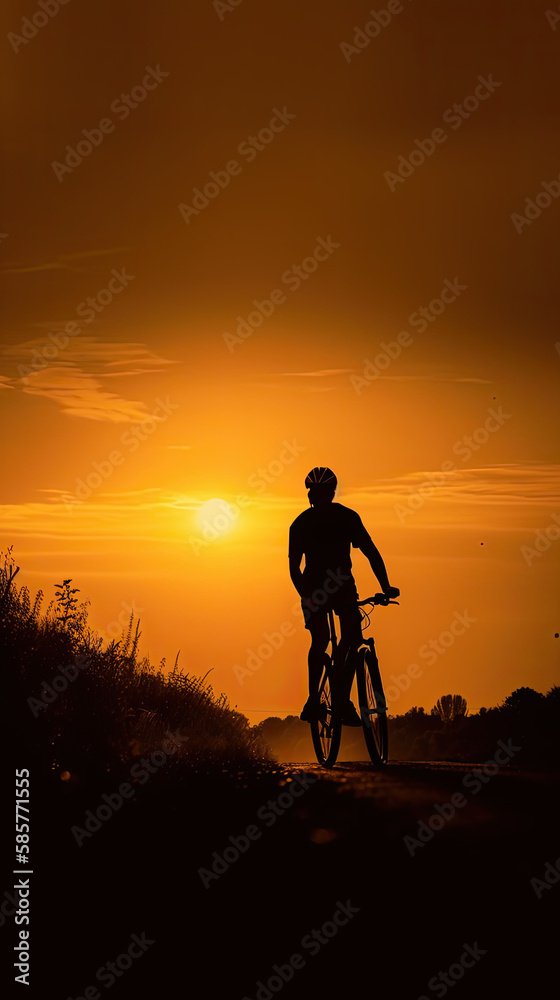 Fototapeta premium Golden Hour Cycling: Silhouette Riding into the Sunset Created Using Generative AI