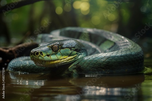 Green Anaconda Moves Through Murky Waters of Amazon River, Displaying Stealth and Adaptability by Generative AI