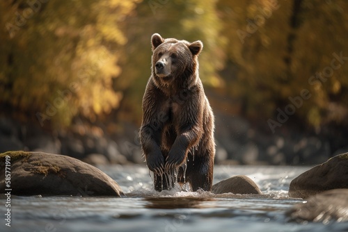 Grizzly Bear Stands on Hind Legs, Thick Fur and Powerful Presence Formidable as It Scans River for Salmon by Generative AI