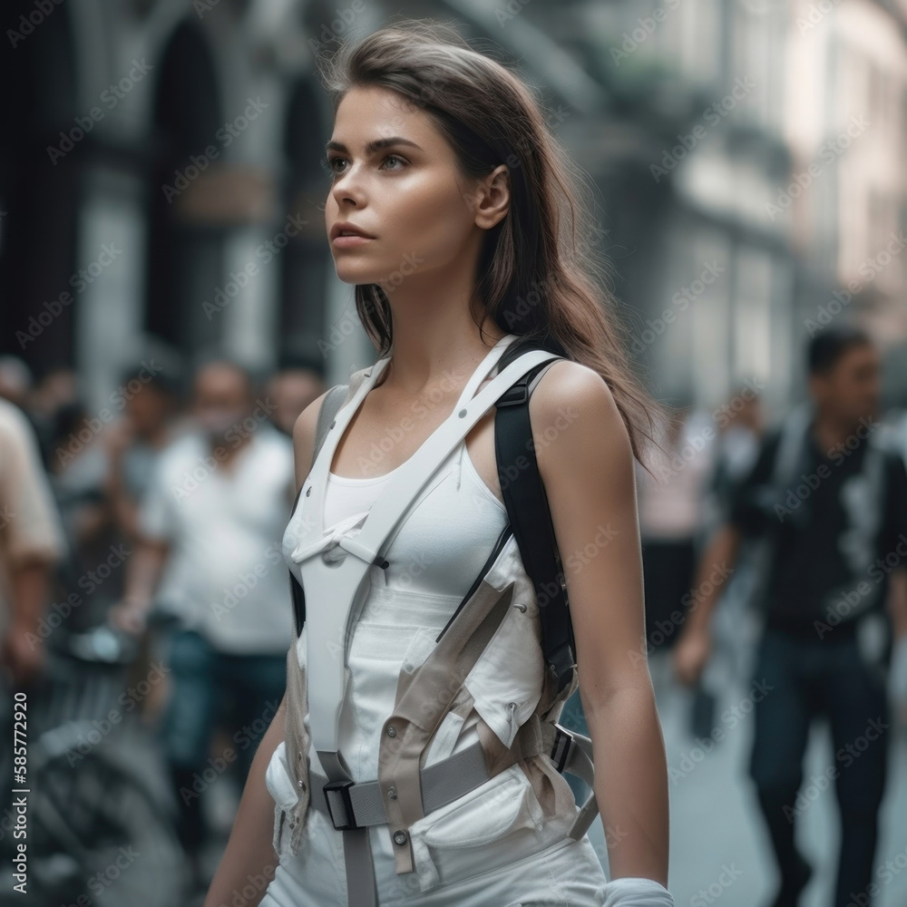 a model girl, on the street in a white suit, fashion generative ai