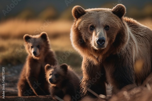Grizzly Bear Tenderly Grooms Cubs, Large Paws Cleaning Fur and Removing Debris with Care by Generative AI
