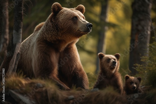 Grizzly Bear Tenderly Grooms Cubs, Large Paws Cleaning Fur and Removing Debris with Care by Generative AI