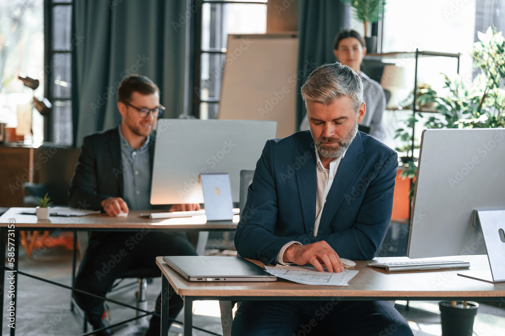 Using the pc's, sitting. Group of business people are working in the modern office Using the pc's, sitting. Group of business people are working in the modern office