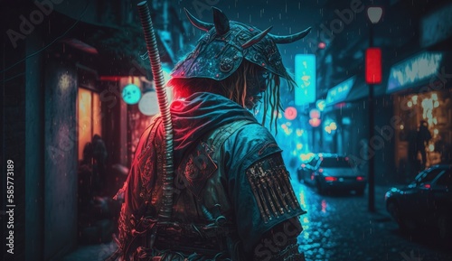 Looking samurai and street with blurred neon lights at night on background. Postproducted generative AI digital illustration.
