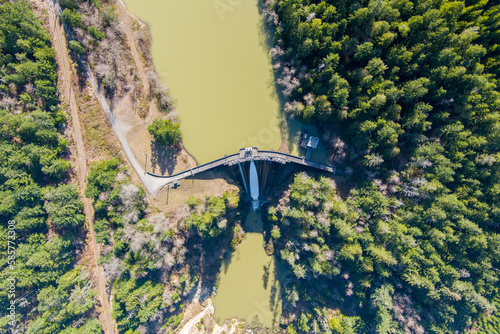 Aerial view of Alder Dam and the Nisqually River in the Cascade Mountains of Washington State