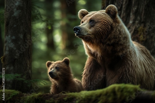 Grizzly Bear Tenderly Grooms Cubs, Large Paws Cleaning Fur and Removing Debris with Care by Generative AI