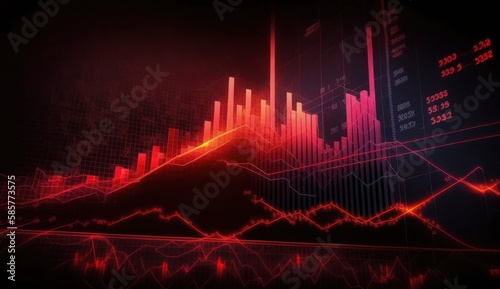 Stock market trading graph in red color as economy 3D illustration background. Trading trends and economic development.