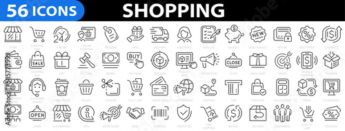 Shopping 56 icon set. Online shopping icon. E-commerce. Store, delivery, Supermarket, promotion, shopping cart symbol. Vector illustration © vectorsanta