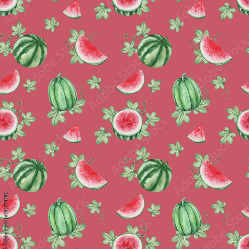 Watercolor seamless pattern. Hand painted illustration of watermelon cut in half, sliced with leaves and tendrils. Summer harvesting. Fruit, sweet berry. Print on red background for textile, packaging